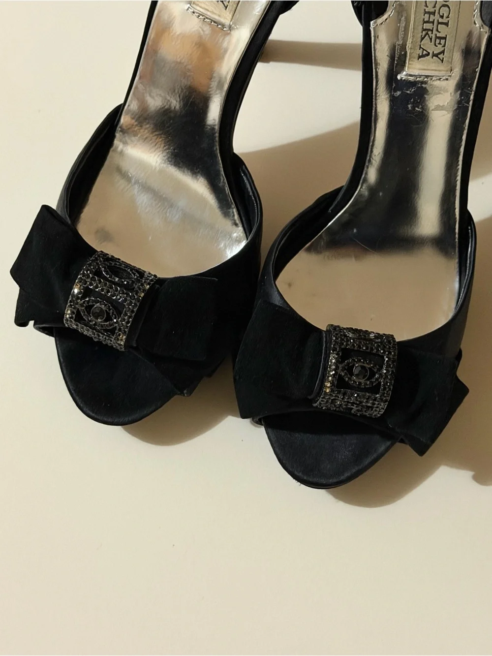 Badgley Mischka Vogue Black Satin Crystal D’Orsay 4” Stiletto Heels | Size 9